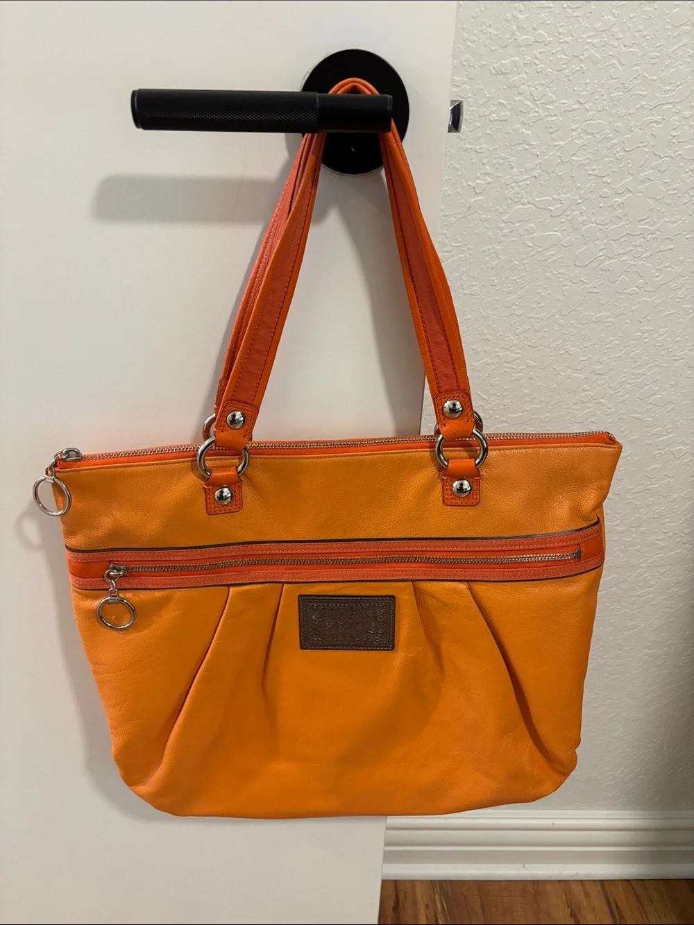 Coach Poppy Glam Bright Orange Shoulder Tote with Front Zip Pocket